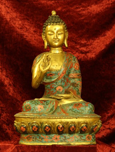 Tibet Buddha aus Bronze mit cloisonnebemalung